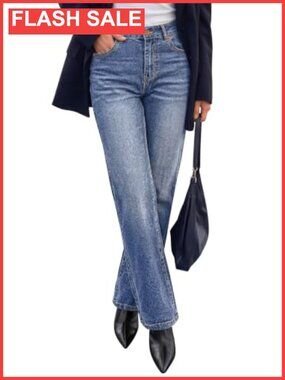 Womens High Waisted Straight Leg Stretch Jeans Relaxed Fit Wide Leg Denim